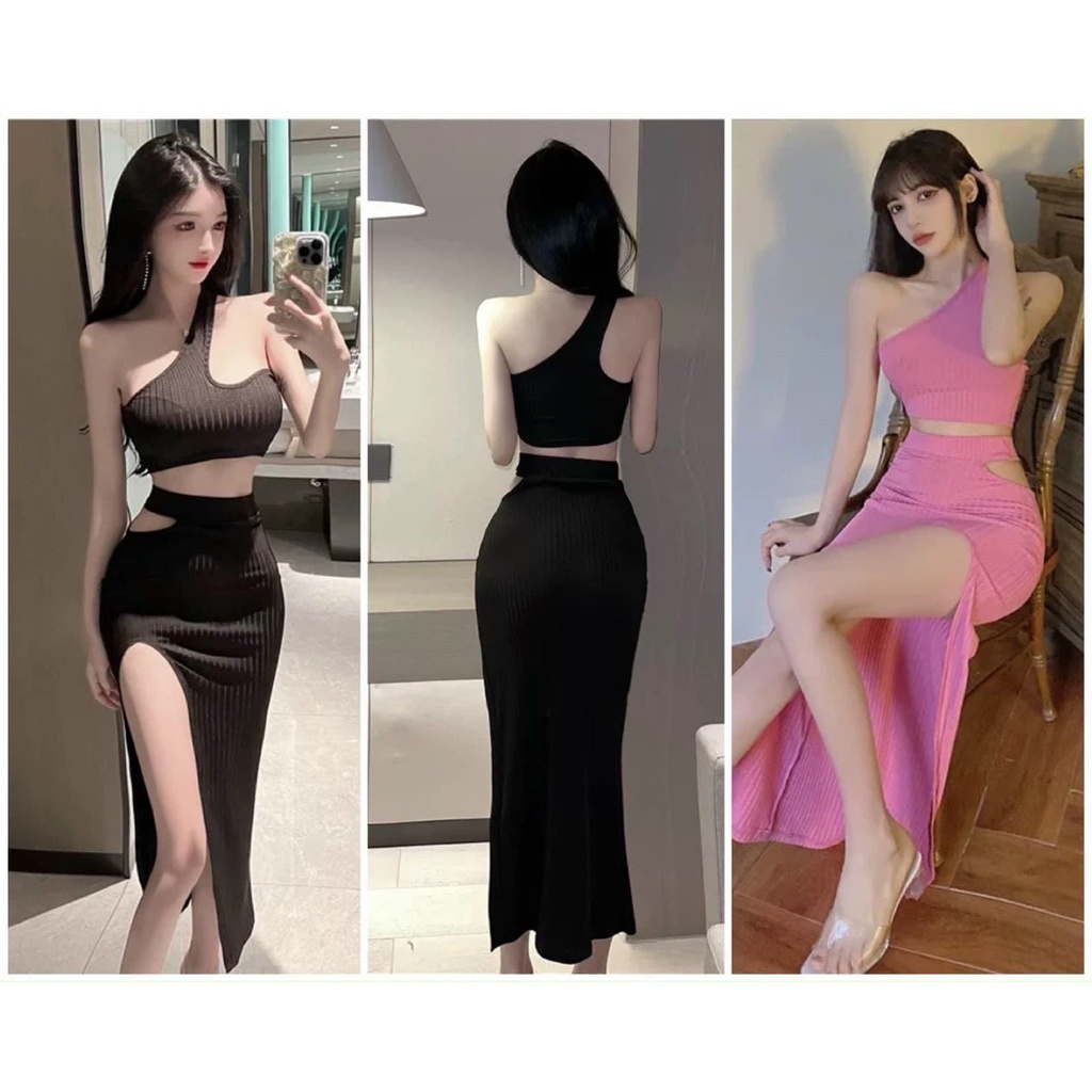 Set váy body gồm chân váy dài xẻ tà + áo croptop ống phối dây choàng cổ chất thun gân xương cá