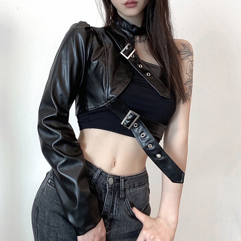 Áo Croptop Da PU Tay Dài Lệch Vai Cài Khóa Kim Loại Điều Chỉnh Được Thời Trang Cho Bạn Gái