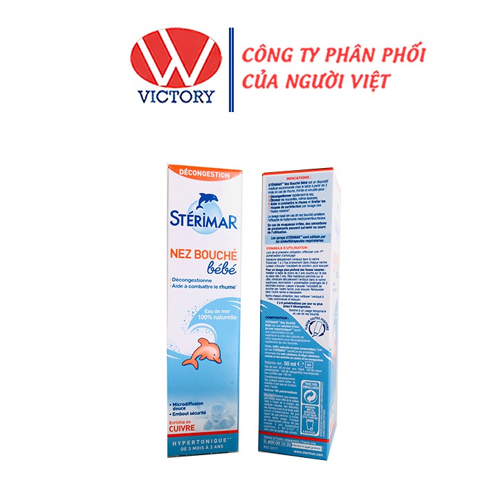 Xịt mũi cho bé Sterimar Blocked Nose Baby chai 50ml / xịt mũi cá heo cam - Victory Pharmacy