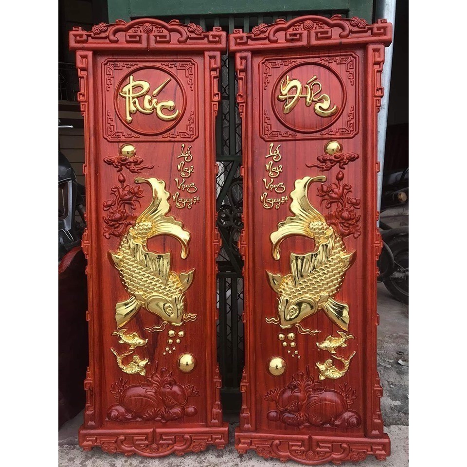 Tranh Cá Chép Lý Ngư Vọng Nguyệt Gỗ Hương 107x37Cm