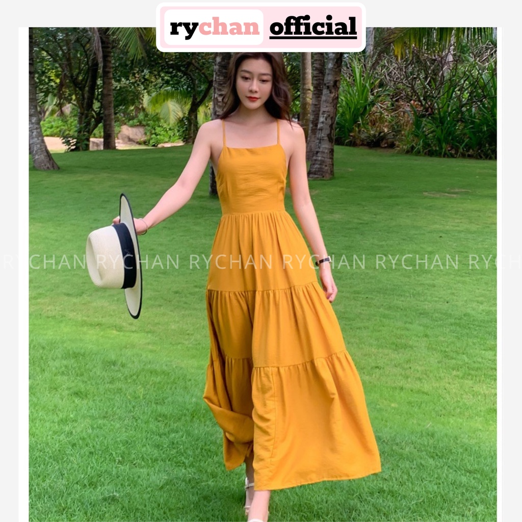 Đầm Maxi Đi Biển (Sẵn Mút Ngực) Đan Lưng Sexy Cổ Yếm Màu Vàng - DM068