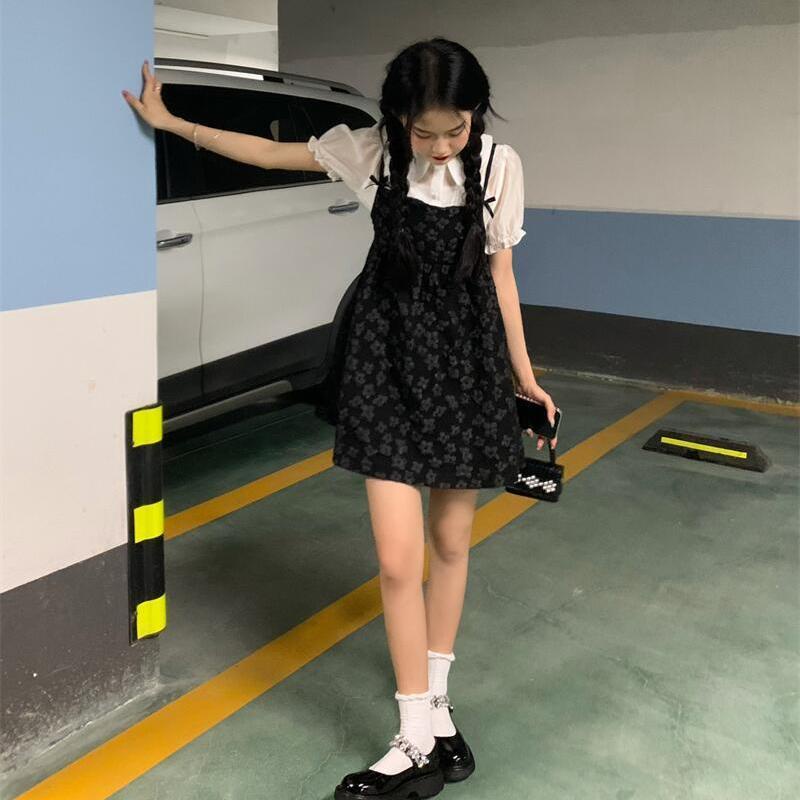 Bộ Áo Tay Phồng + Chân Váy Lưng Cao Họa Tiết Hoa Phong Cách retro Pháp Thời Trang Mùa Hè