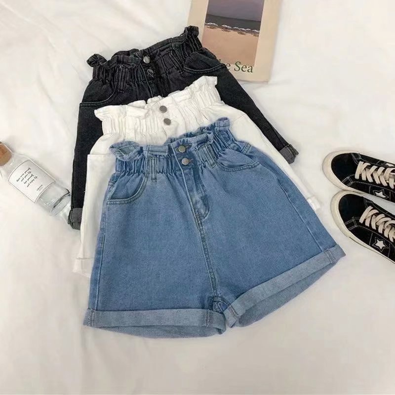 Quần Short Jean Lưng Cao Co Giãn Phối Bèo Màu Đen/Trắng Size Lớn 5XL Thời Trang Mùa Hè Cho Nữ