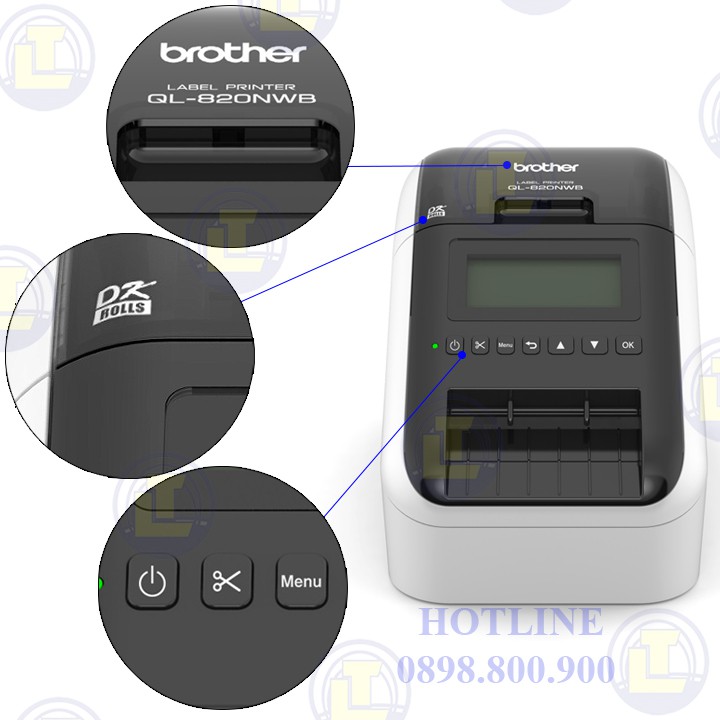 Máy in giấy nhãn decal Brother QL-820NWB ( USB + LAN+Wifi + Bluetooth)