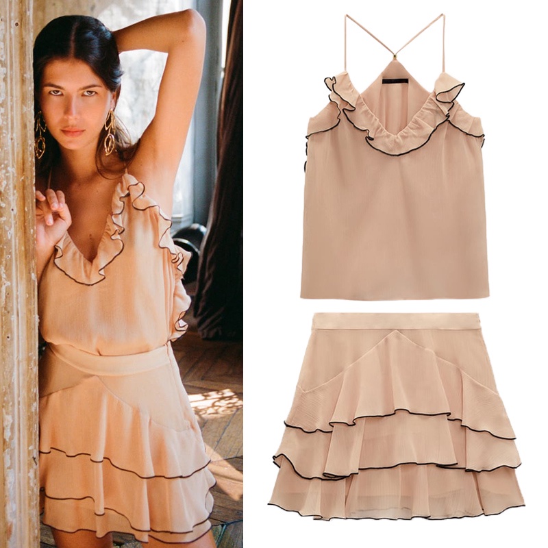 Zara Áo Sơ Mi Nữ Có Dây Treo Viền Hoa 9878103 Chân Váy Ngắn Xếp Tầng Lưng Cao Xinh Xắn Cho Nữ 9878105