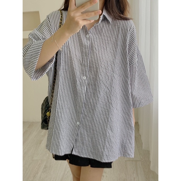Áo sơ mi kẻ vải xốp tay lỡ 266