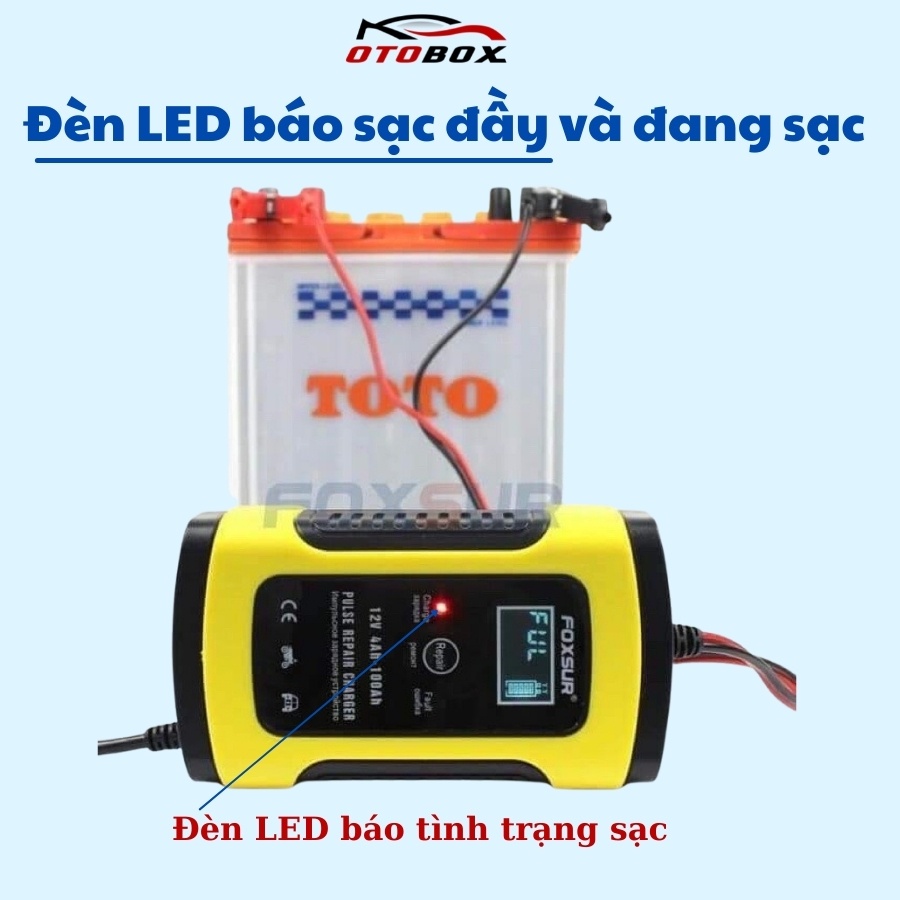 sạc bình ắc quy 12v xe máy ô tô 100ah foxsur tự ngắt khi đầy, máy sạc bình acquy tự động chống ngược cực