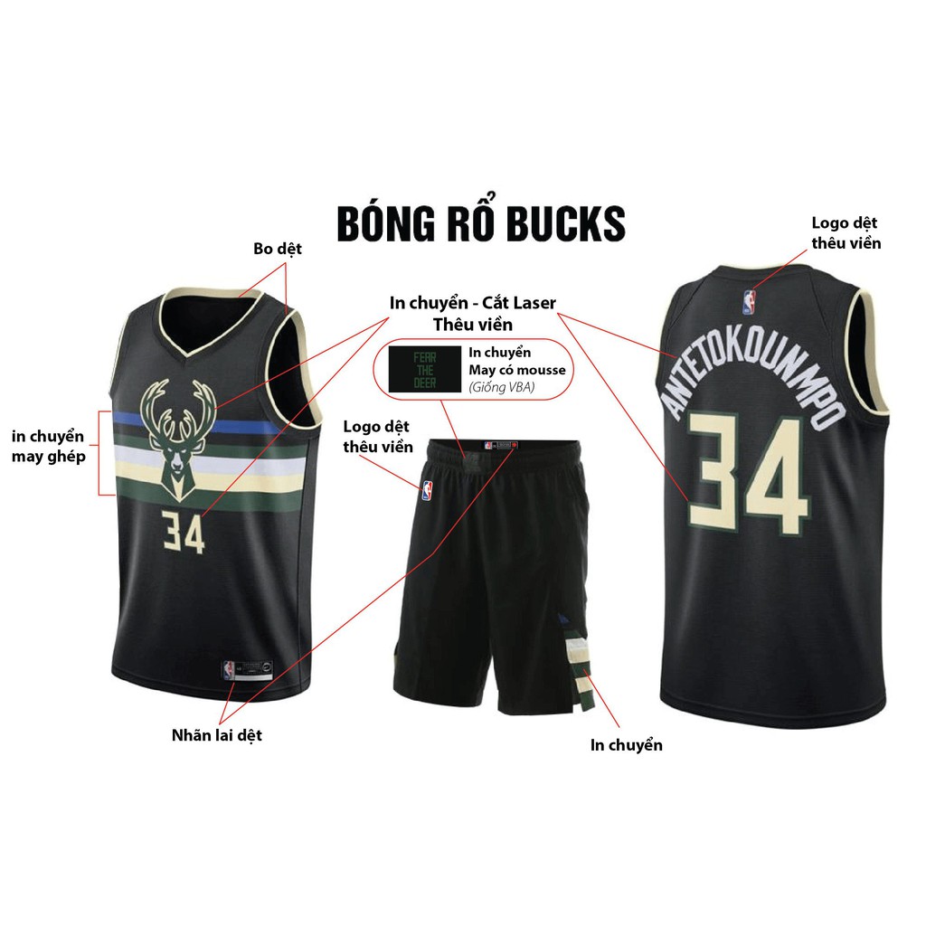 Trang Phục bóng rổ ACTEE NBA Delo Jersey Milwaukee Bucks  - Đen