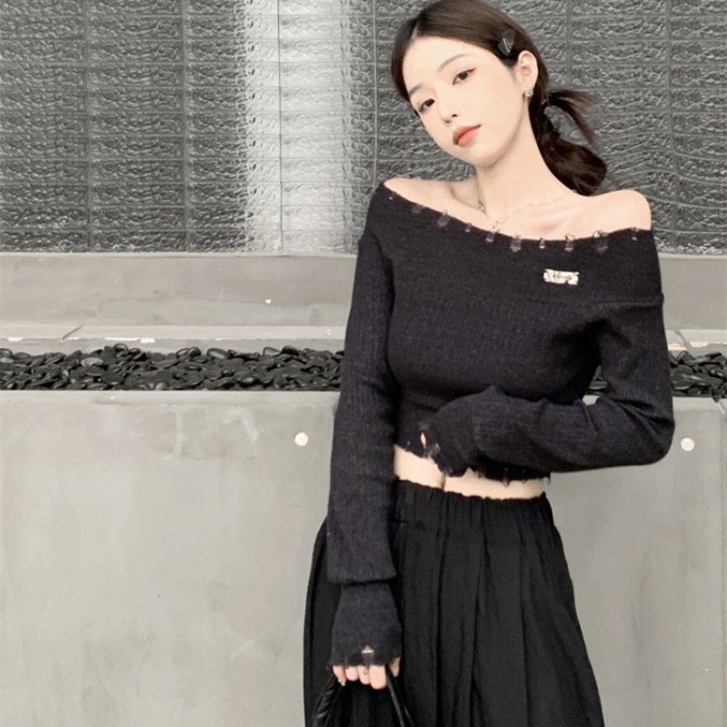 Áo Sweater Dệt Kim Mỏng Tay Dài Màu Trơn Thiết Kế Rách Cá Tính