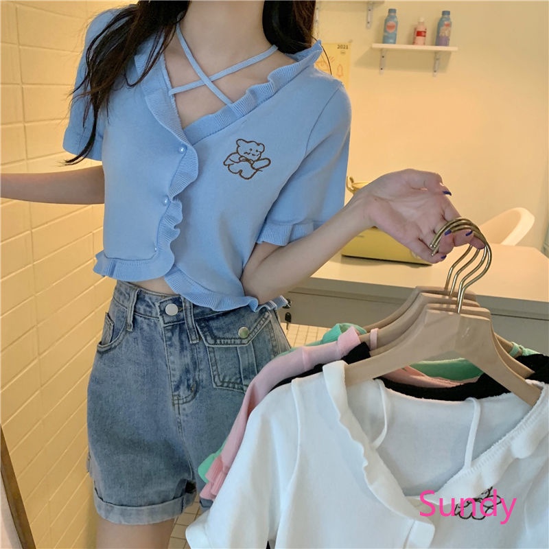 Áo Croptop Dệt Kim Hoạ Tiết Gấu Thời Trang Mùa Hè Cho Nữ | BigBuy360 - bigbuy360.vn