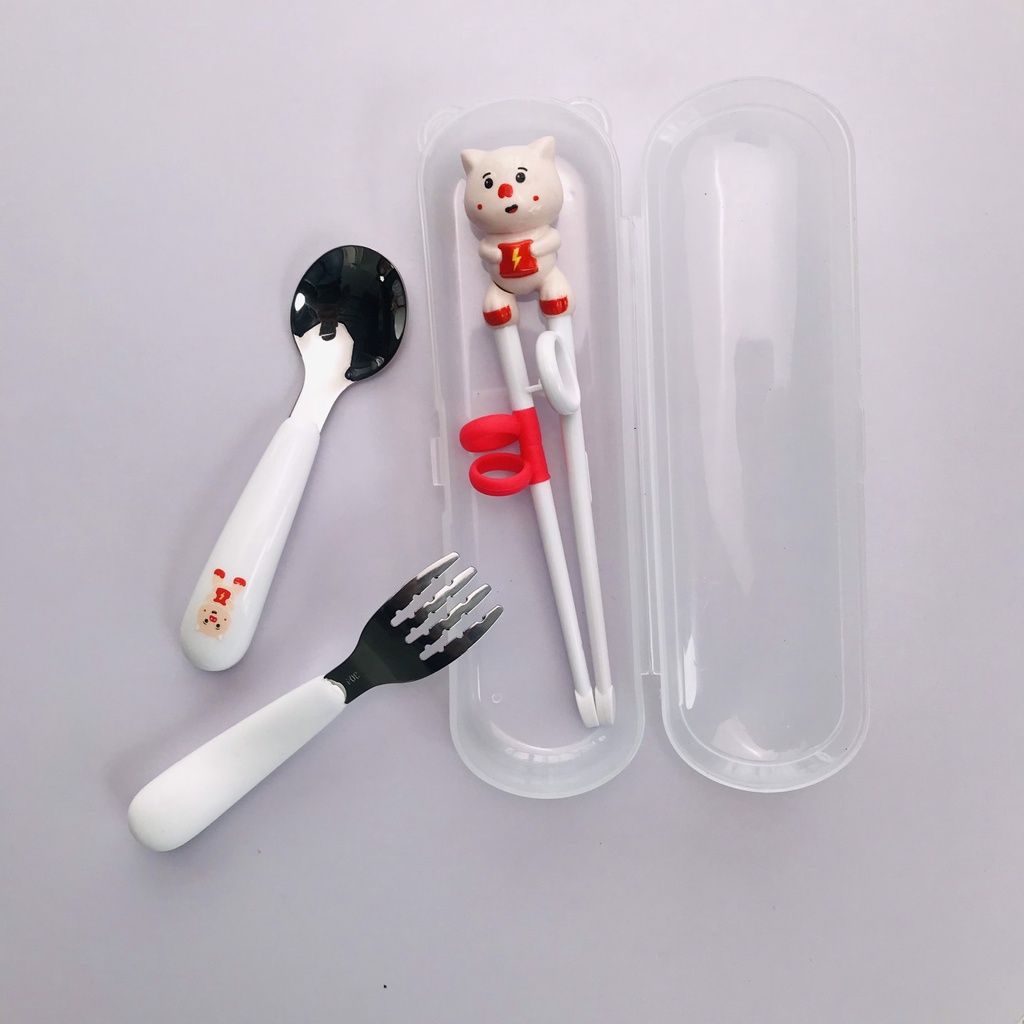 Set Đũa Thìa Dĩa Inox Hình Động Vật Cho Bé Tập Ăn Dặm Tặng Kèm Hộp Đựng Zimbababy