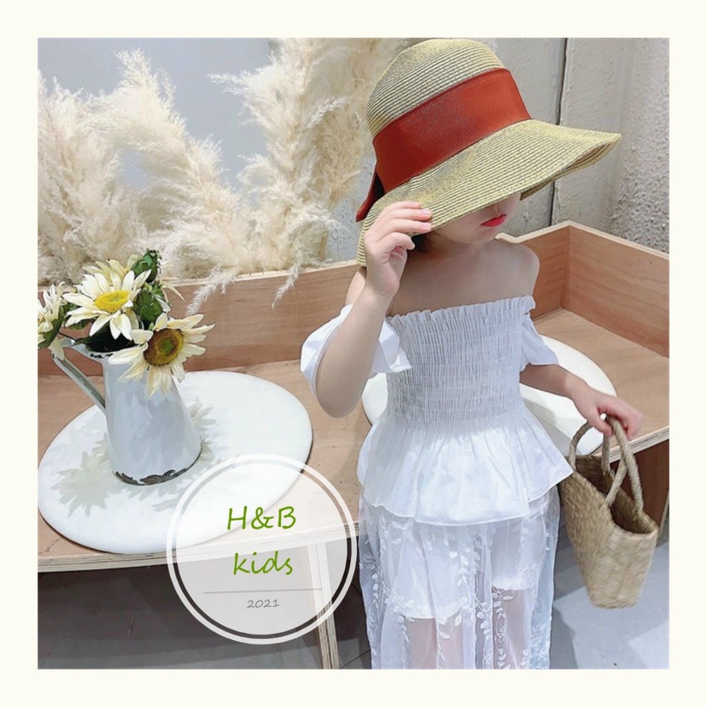 Set bộ váy maxi trắng đi biển phối ren siêu yêu cho bé S4BT9