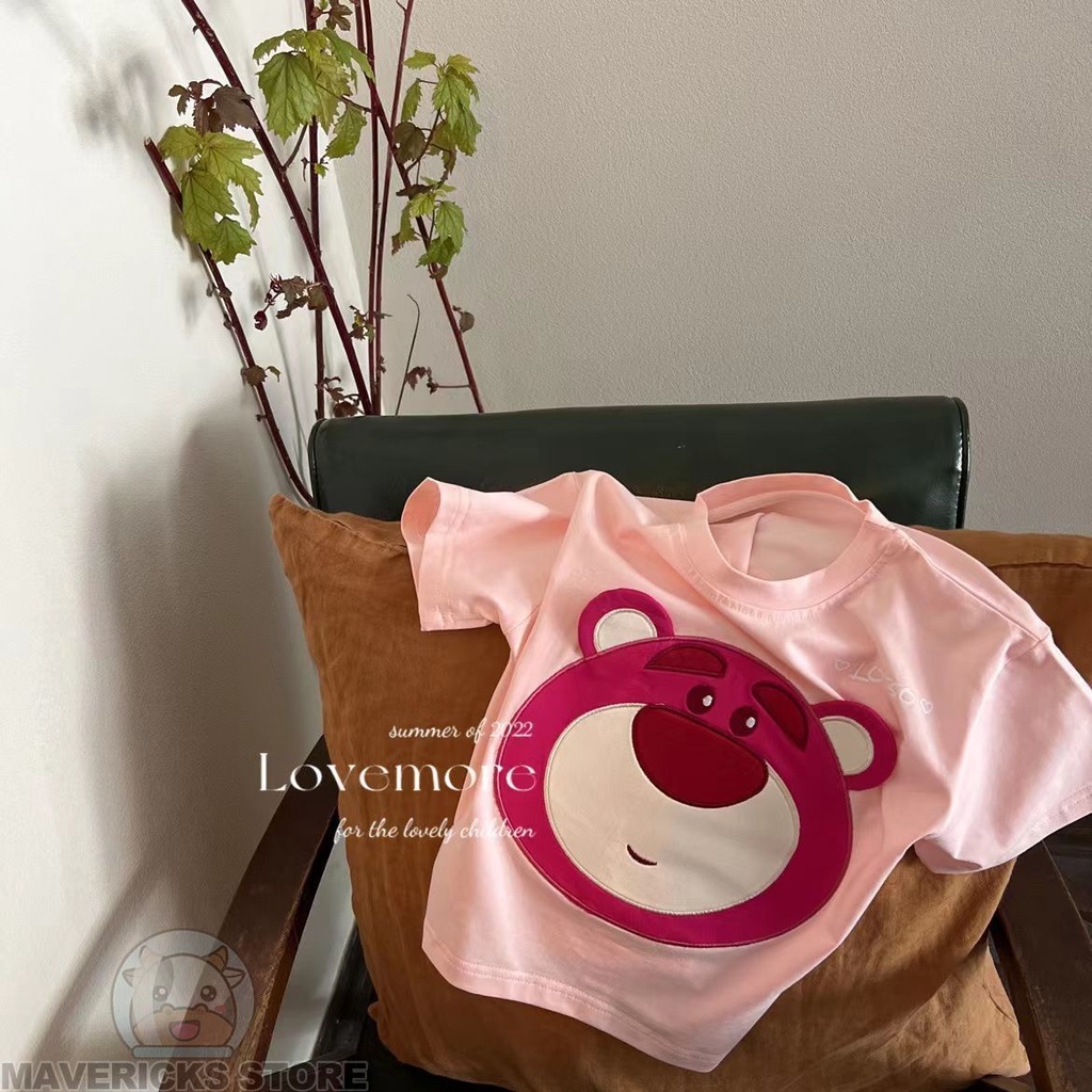 Áo Thun cotton Mỏng Cổ Tròn Tay Ngắn Thêu Hình Gấu/Dâu Tây Dễ Thương Thời Trang Mùa Hè Cho Bé 0-3 Tuổi