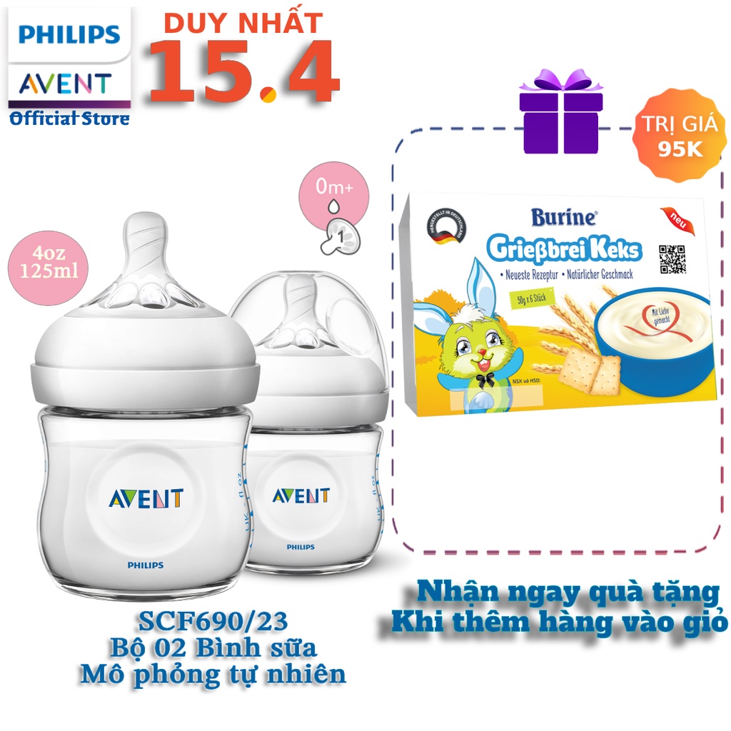 Bộ 2 bình sữa mô phỏng tự nhiên bằng nhựa hiệu Philips Avent (125ml cho trẻ từ 0 tháng ) SCF690/23