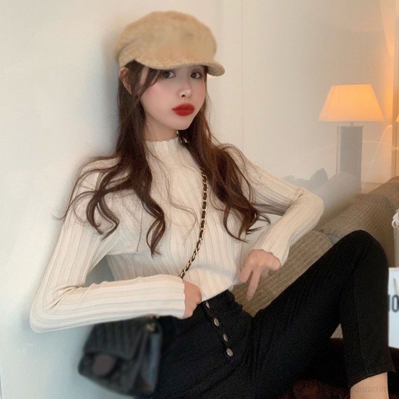 Áo Sweater Dệt Kim Tay Dài Cổ Lọ Màu Sắc Đơn Giản Phong Cách Hàn Quốc Cho Nữ