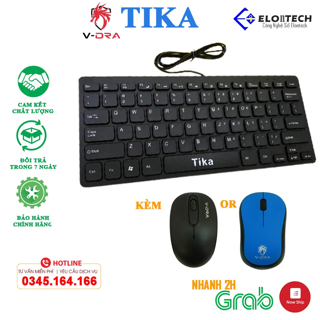 Combo Bàn phím dây mini TIKA kèm Chuột không dây V-DRA K08/K09 | Bảo hành 12 tháng