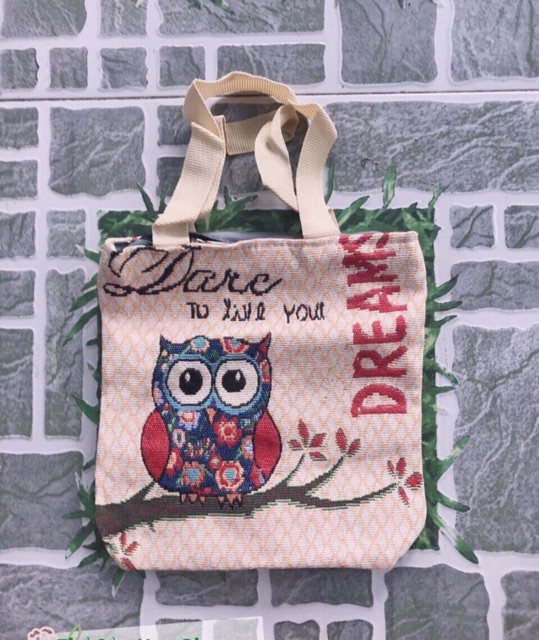 Túi Tote Vuông Thổ Cẩm Vải Canvas/ Bố Hình Cú Và Voi Size Trung 34*34*8cm - Lucky Girl shop