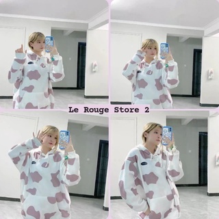 (ORDER)Áo hoodie nỉ lót bông và nỉ da cá dáng rộng họa tiết bò sữa Senseless hồng trắng thời trang (ảnh thật)
