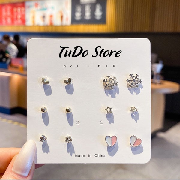Bộ 6 cặp khuyên tai mạ bạc phong cách Hàn Quốc cho nữ B6