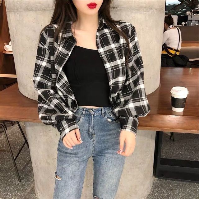 Áo sơ mi croptop bo chun  kẻ caro phong cách ulzzang