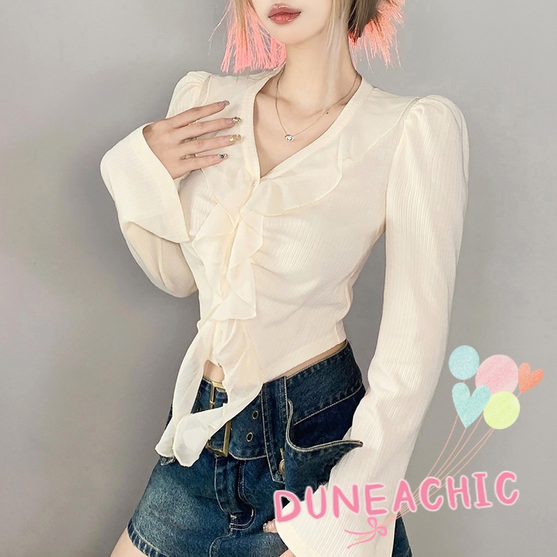 DUNEA Áo Croptop Tay Dài Phối Bèo Thời Trang Quyến Rũ Cho Nữ