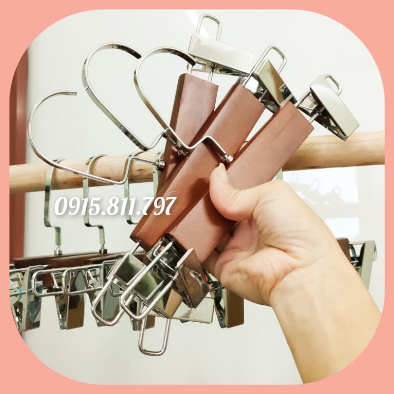 Móc quần áo trẻ em - Kẹp gỗ nâu đầu kẹp inox sáng sang chảnh - Kẹp quần,áo,váy chuyên dùng cho shop,khách sạn,gia đình