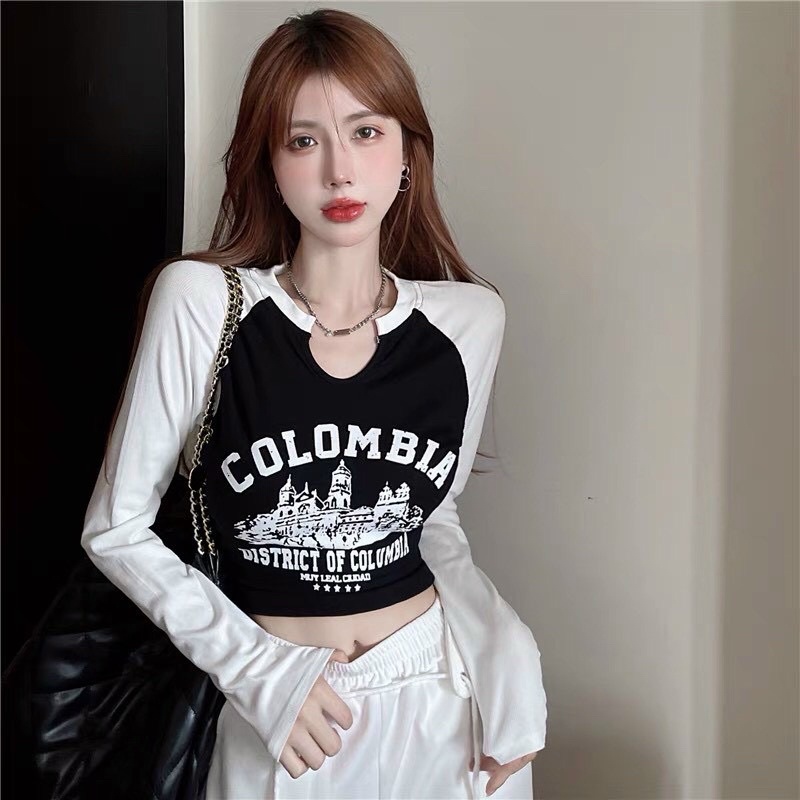 Áo thun cổ tròn xẻ V columbia , Áo Croptop Ulazzang Xẻ Cổ Chất Gân Áo Kiểu Cổ V GB alohashop91