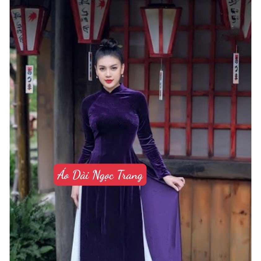 Áo Dài Nhung truyền thống màu Tím đủ size, chuẩn phom dáng, thướt tha. Nhung Lì dày dặn, co giãn mềm mịn.