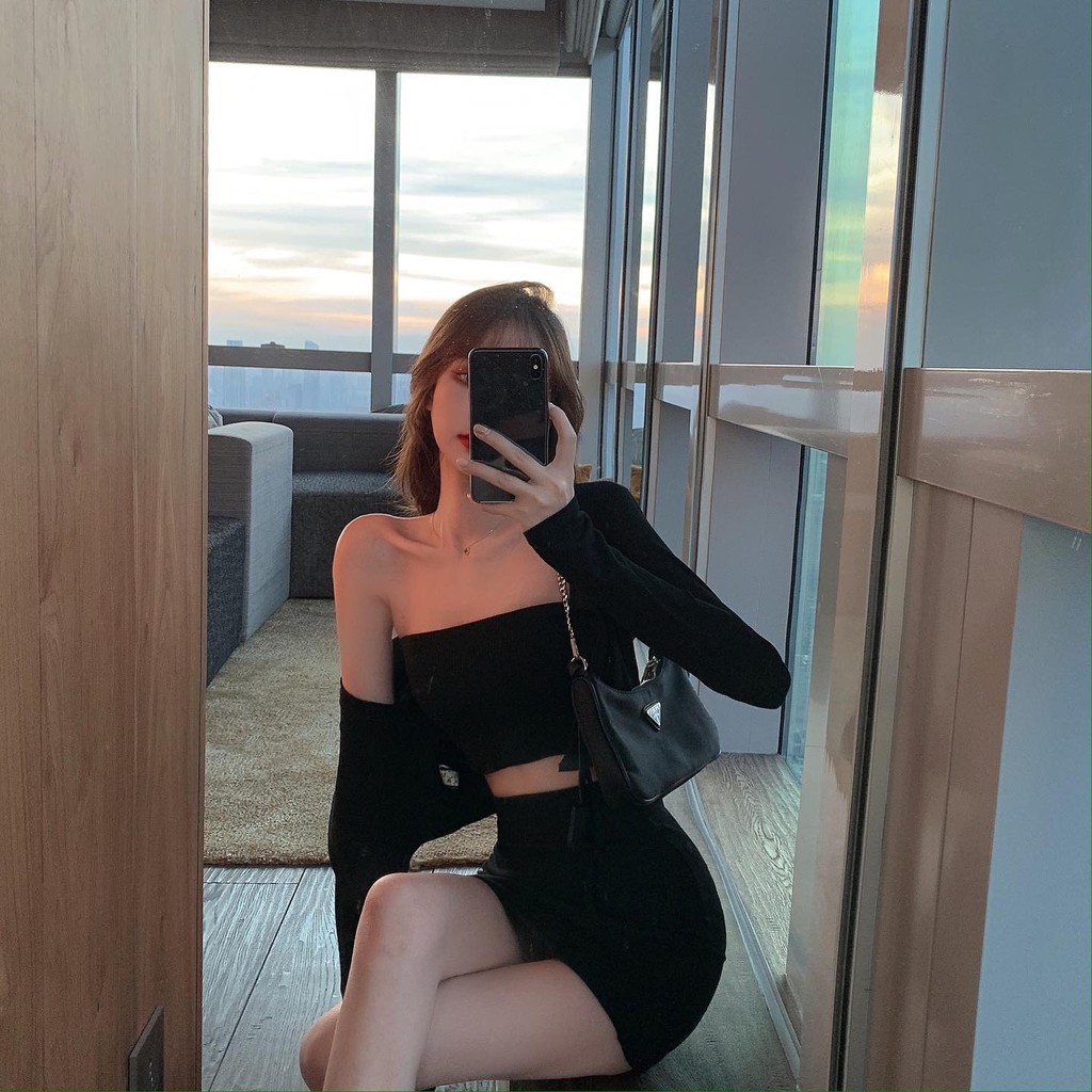 Set 3in1 áo croptop quây kèm khoác lửng tay dài và chân váy ngắn dáng ôm thun gân - by SGGz