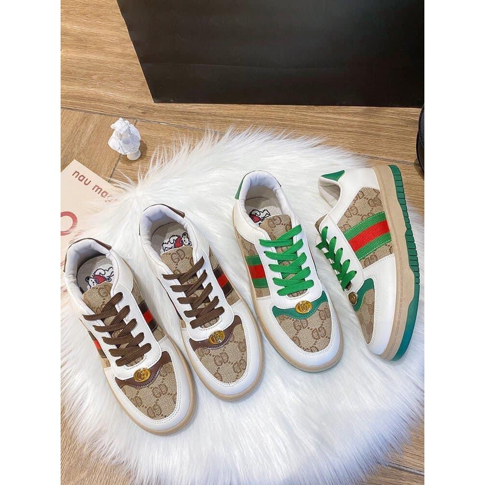 Giày thể thao nữ, giày đế bằng sneaker GC chất liệu da pha vải  màu trắng, xanh họa tiết đẹp đế độn lót thông hơi êm ái