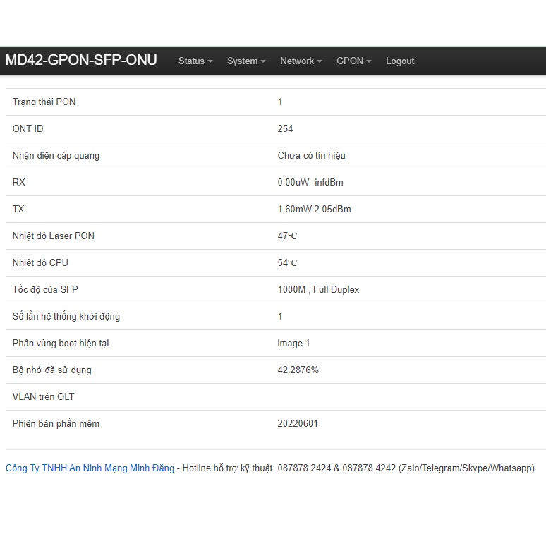 Module quang GPON MD42-GPON-SFP-ONU dùng cho tất cả nhà mạng tại Việt Nam