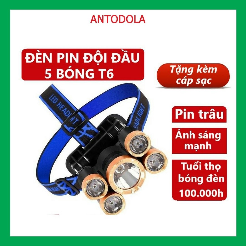 Đèn Pin Đội Đầu Đeo Trán 5 Bóng Siêu Sáng Kèm Pin Sạc Siêu Tiện Lợi