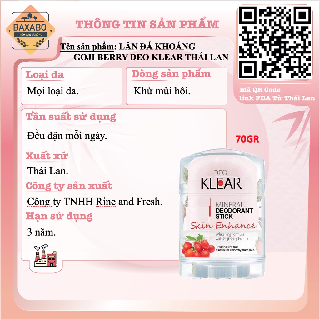 LĂN ĐÁ KHOÁNG DEO KLEAR MINERAL DEODORANT STICK THÁI LAN - HÀNG CHÍNH HÃNG - ĐỦ MÙI