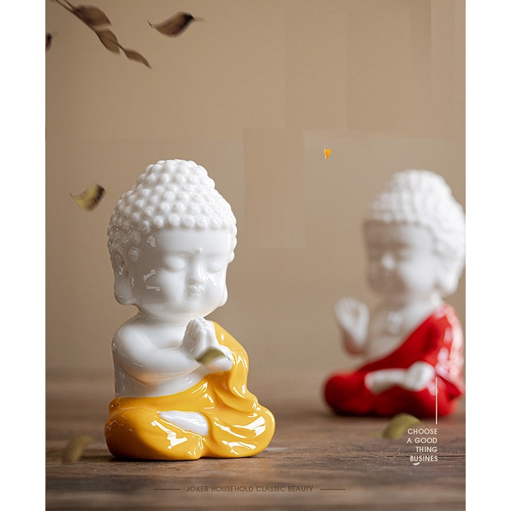 Tượng Như lai mini màu vàng – đỏ bằng gốm tử cao cấp, tượng phật nhỏ trang trí bàn làm việc, ô tô,  phong thủy