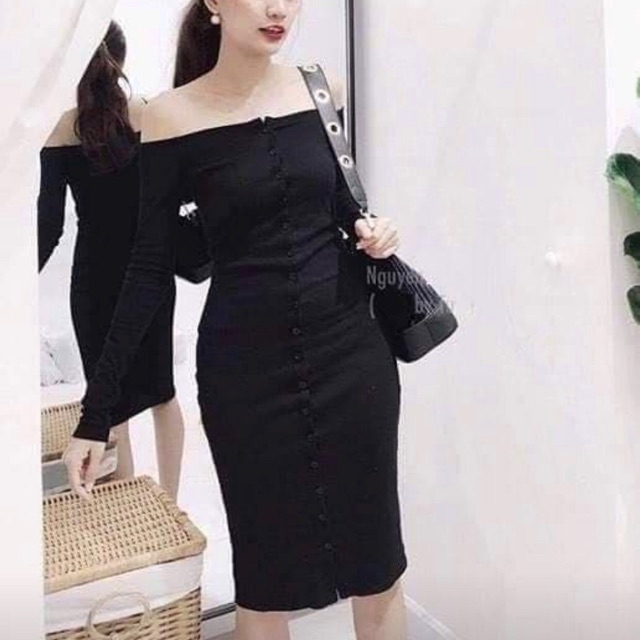 ❤️ Đầm trễ vai tay dài phối cúc,chất thun gân dày dặn co giãn 2 màu đen ,xám