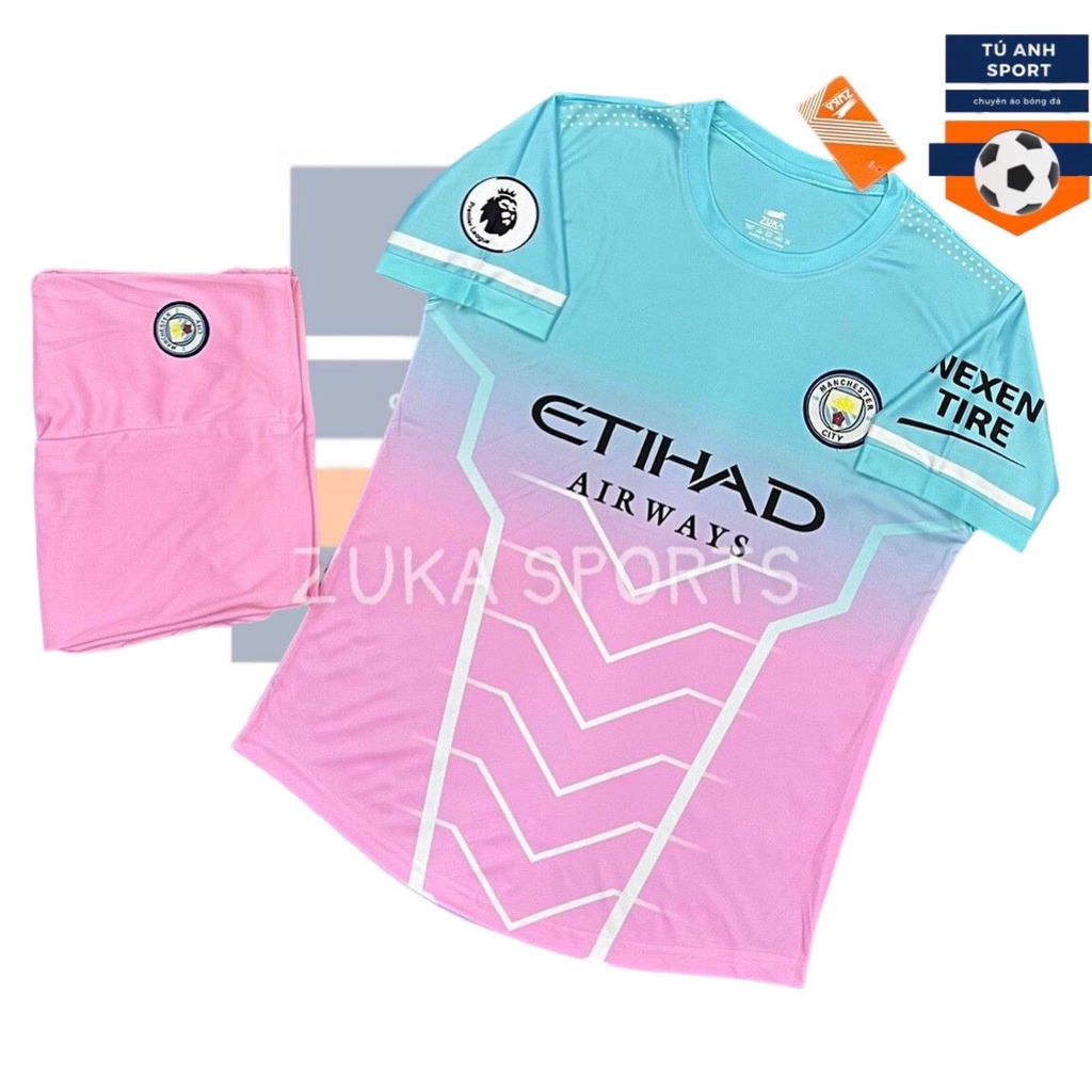 Bộ Quần Áo Bóng Đá Mancity Logo Thêu Xanh Hồng