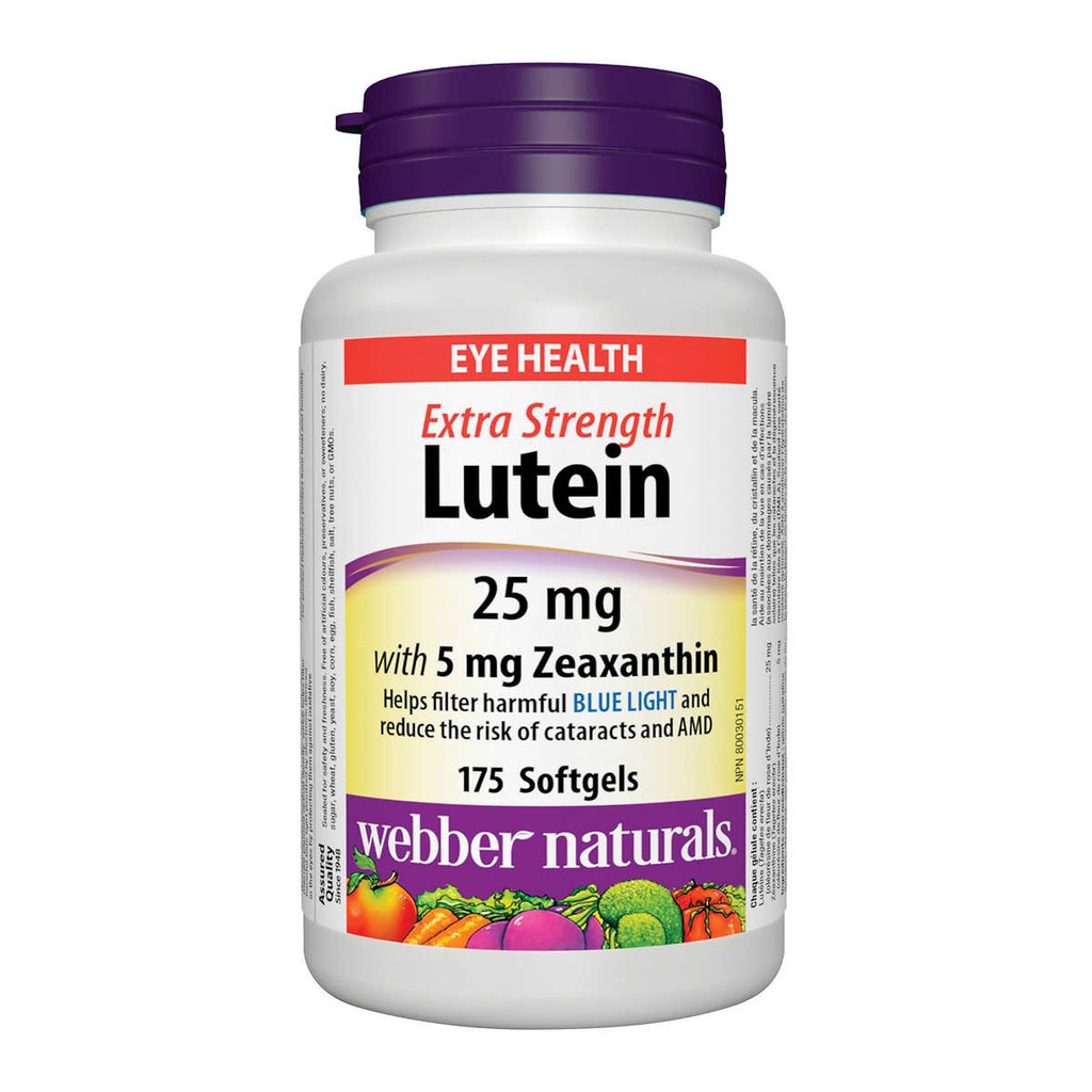 Bổ mắt, ngừa cườm, sáng mắt Lutein Extra Strength 25mg và 5 mg Zeaxanthin Webber Naturals 175 viên mềm