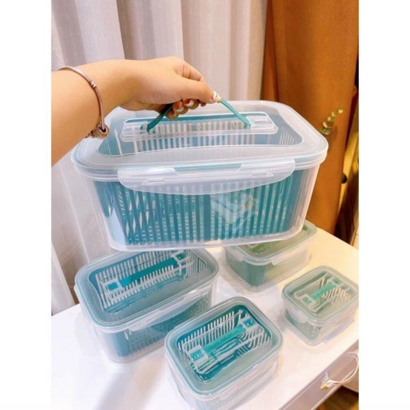Bộ 5 hộp đựng kèm rổ và nắp đậy nhựa 2 lớp - bảo quản thực phẩm rửa rau củ quả trái cây