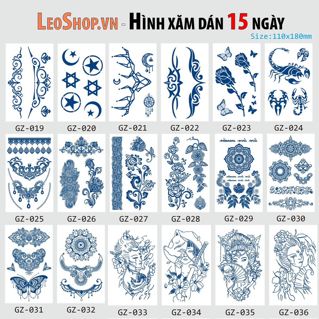 Xăm dán 15 ngày Mực Henna LEO SHOP (18x11cm-Tổng Hợp Mã GZ)