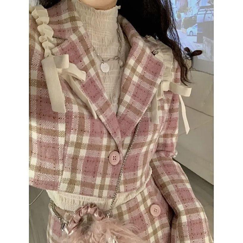 Set Áo Khoác Vest Kẻ Sọc Caro Hồng + Chân Váy Len Xếp Ly Thời Trang Cho Nữ