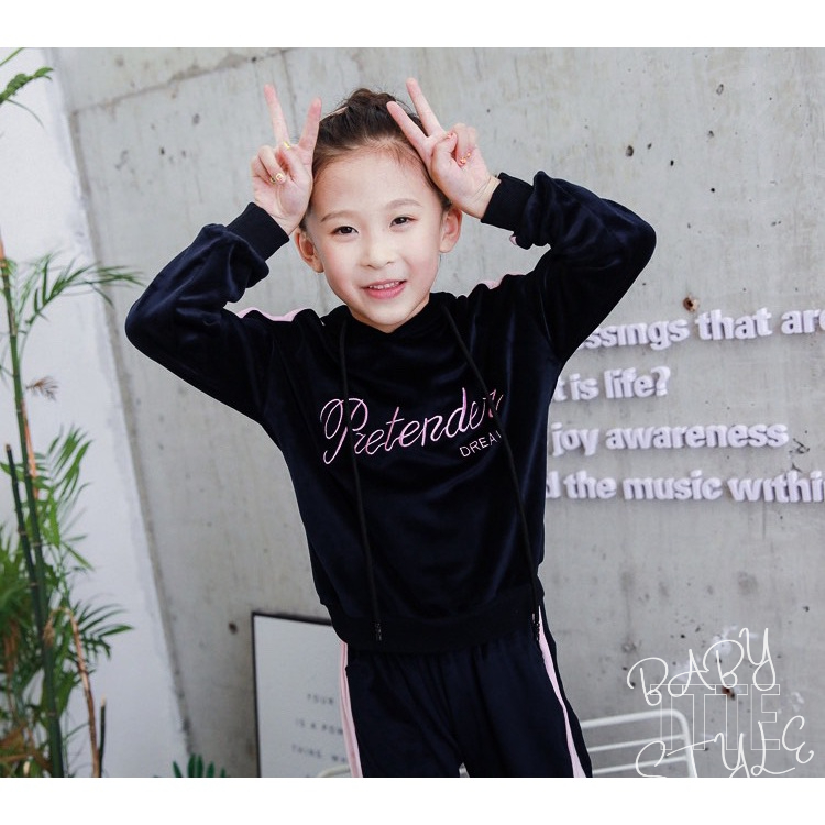 Bộ quần áo thu đông dài tay có mũ &quot;DREAM2&quot; 14-45kg cho bé gái 4-14 tuổi. Chất nỉ da cá. Thoải mái. G33