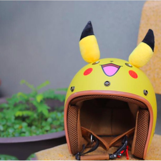 Mũ bảo hiểm 3/4 đầu pikachu vàng có tai lót nâu cao cấp dành cho nam và nữ siêu dể thương