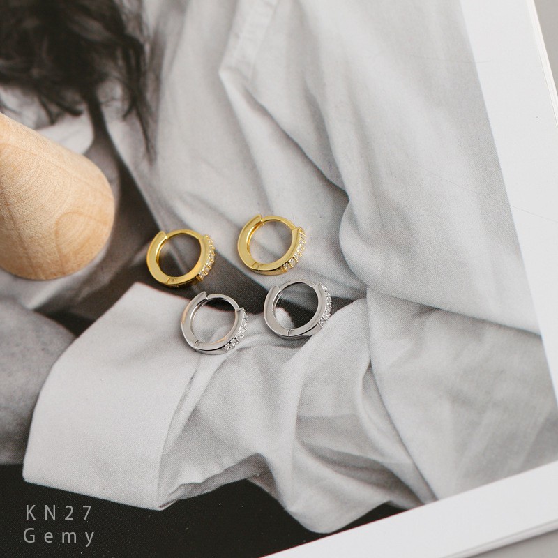 Khuyên tai nam nữ bạc tròn mạ vàng đính đá cá tính, độc đáo, unisex Heli 2 (1 chiếc) | GEMY SILVER KN27