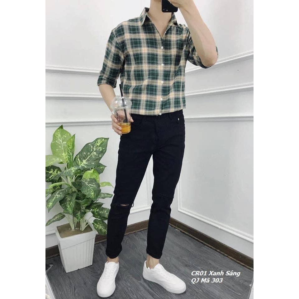 Áo sơ mi nam dài tay hàn quốc cao cấp caro phối kiểu BBR vải lụa mịn chống nhăn mẫu mới nhất AHFASHION | BigBuy360 - bigbuy360.vn