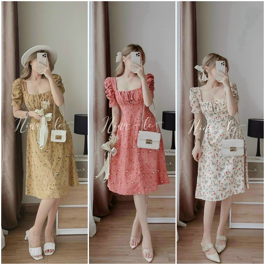 Đầm hoa vintage ngực xếp ly đính nút bọc dáng xoè xinh xắn