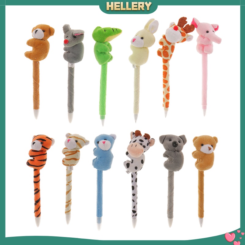 [HELLERY]12 Plush Zoo Animal Pens Ballpoint Fluffy Plushie Pens Kids School Accs