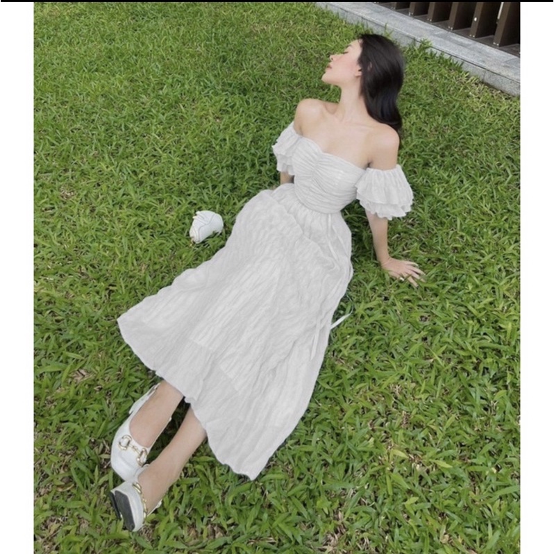 Đầm trễ vai nhún ngực chất xốp nhún mẫu mới siêu xinh