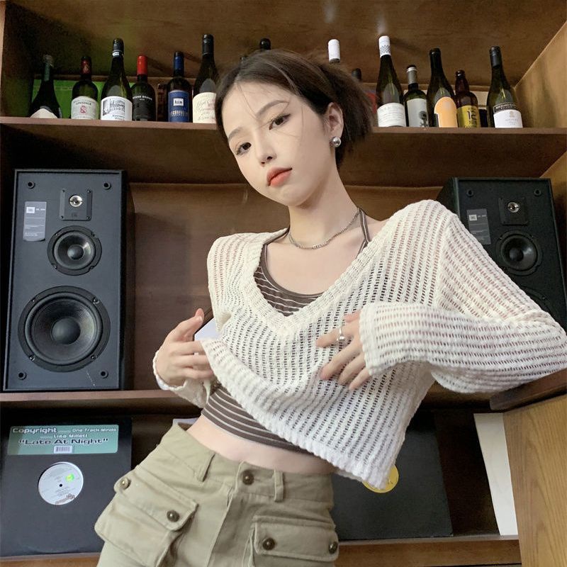 Set đồ COZOKC gồm áo cardigan dệt kim tay dài và áo không tay kẻ sọc thời trang trẻ trung