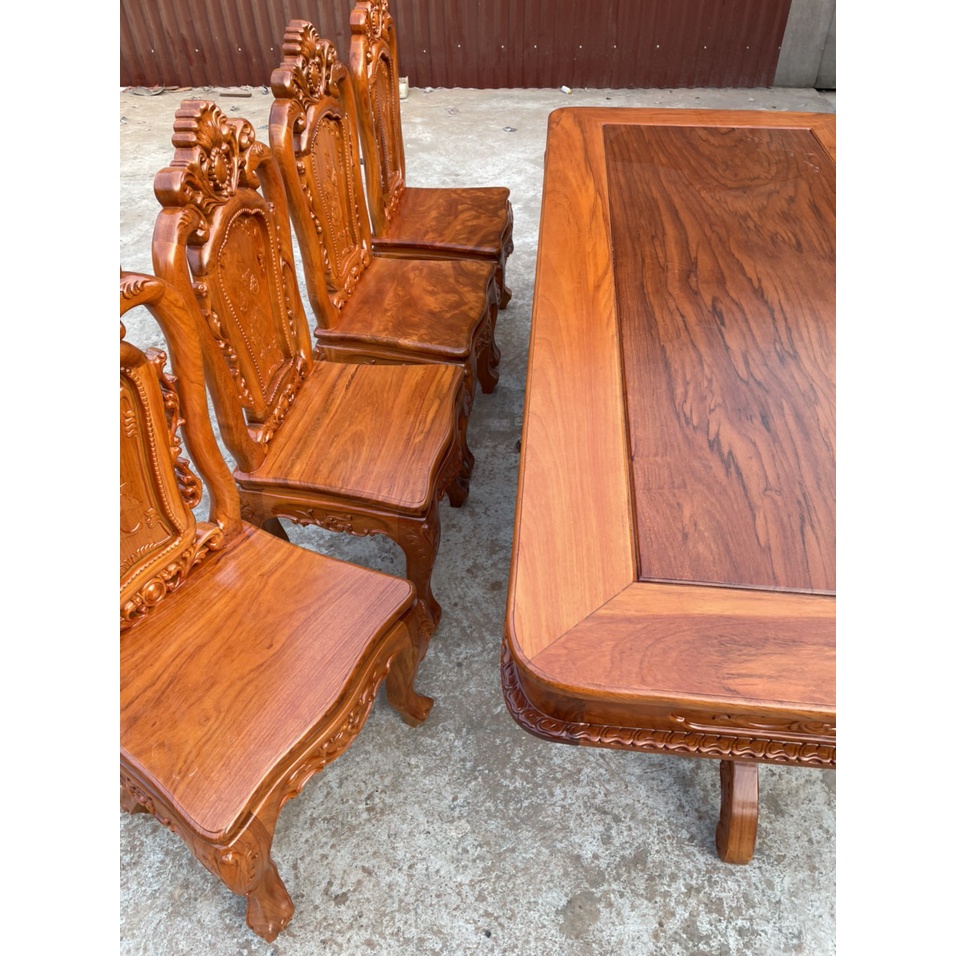 Bộ bàn ghế ăn hoa lá tây đục 2 mặt ván tràn gỗ gõ đỏ . Mẫu 01