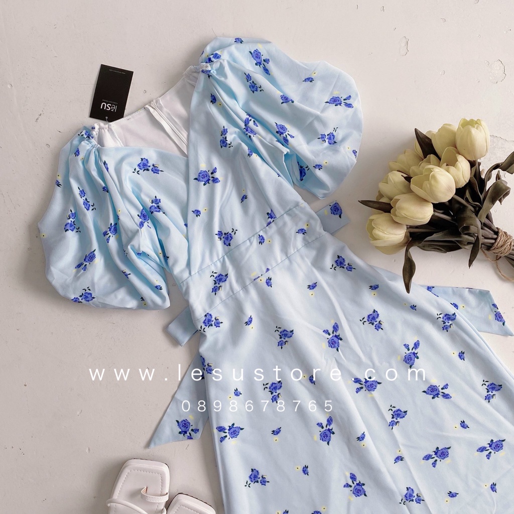 ẢNH TỰ CHỤP Đầm midi hoa chéo ngực tay bồng XANH NHẠT